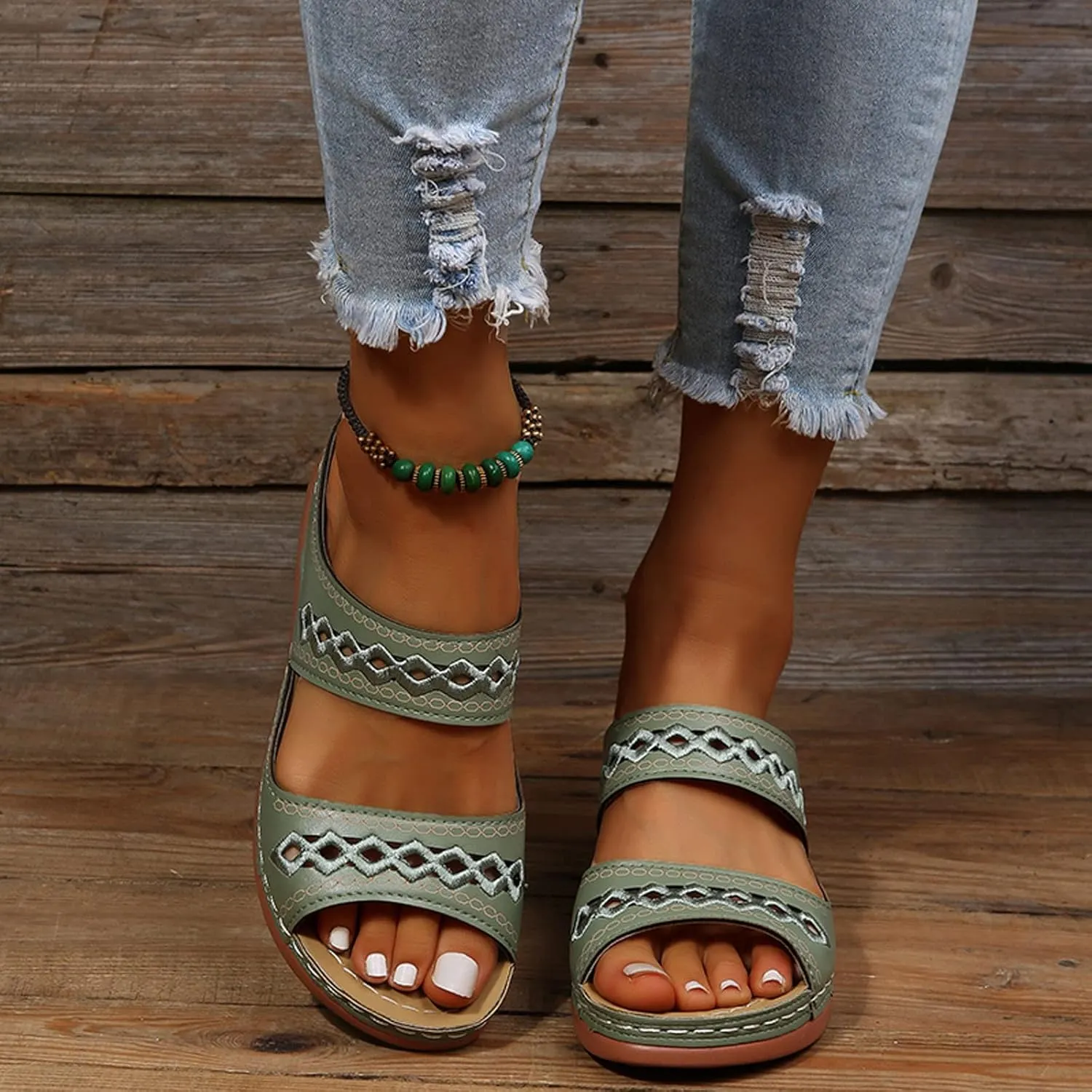 ZSpzx Orthopedic Sandals For Women,Women's Orthotic 2025 Dressy Summer Flat Open Toe Platform Sandals Hollow Out Comfortable Casual Boho Slip on Memory Foam Beach Slides Sandals Outdoor Walking Shoes