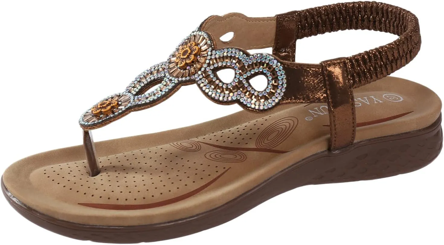 ZSpzx Womens Flat Sandals Flower Low Heel Elastic Ankle Strap Rhinestone Dressy Summer Comfortable Shoe Thong for Women Flip Flops Strappy String Flowers Sparkly Beach Glitter Slides Outdoor Shoes